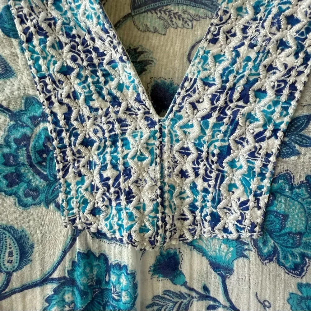 Sigrid Olsen Blue Floral embroidered Tunic Top Crinkle Cotton Boho Sz Small